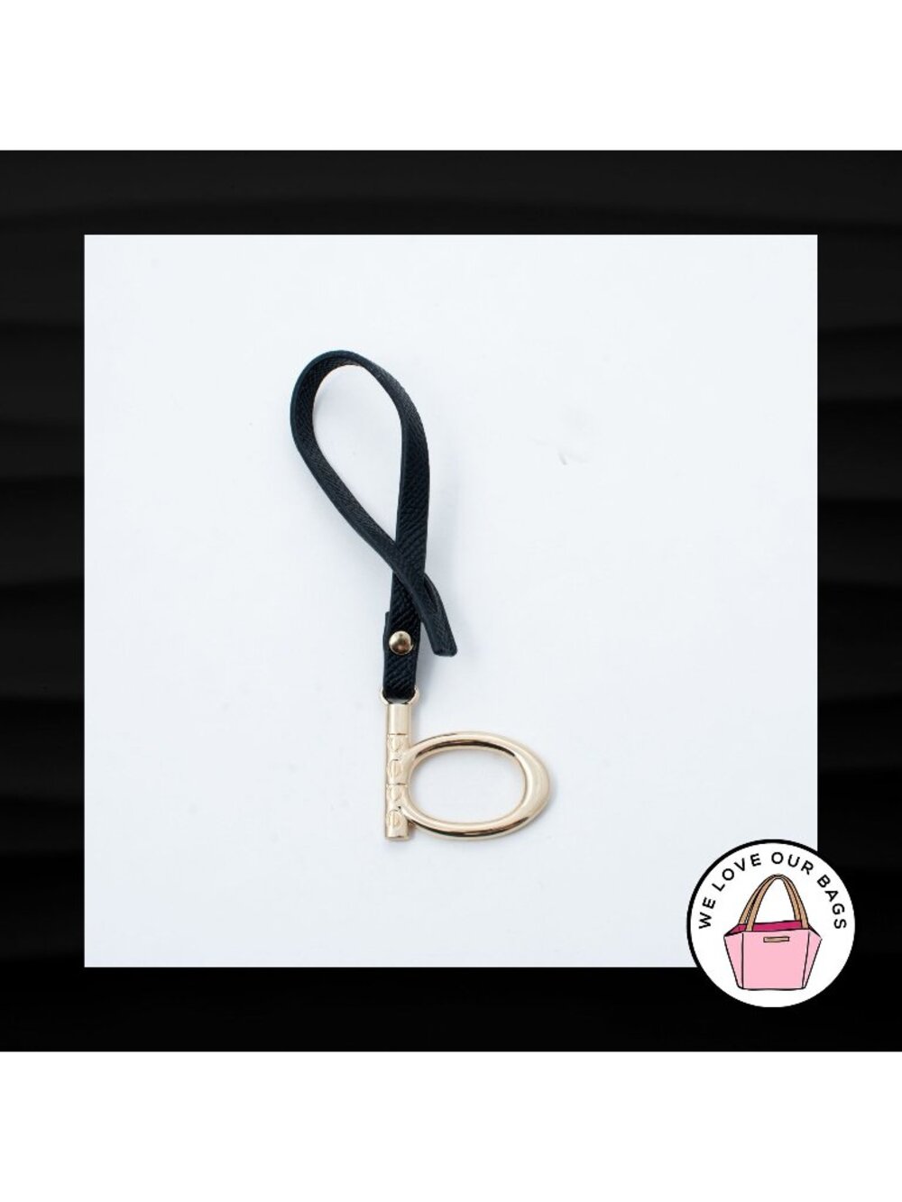 NEW BEBE B GOLD BRASS METAL BLACK LEATHER LOOP STRAP FOB BAG CHARM KEYCHAIN TAG